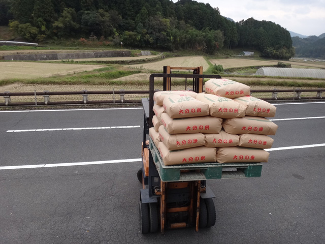 株式会社日食　２４年産　新米ヒノヒカリ　積み込み　大分県杵築市山香町立石　山香米有機の会　秋吉秀秋さん　佐藤寿さん