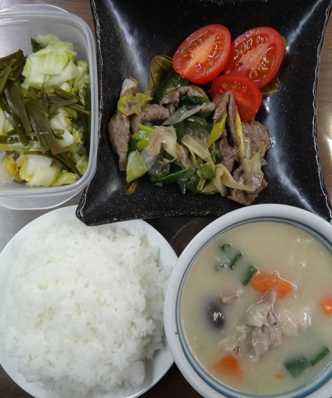 株式会社日食　今日のお昼ごはん　ごはん　シチュー　岩津ねぎの牛肉炒め　トマト　白菜の漬物