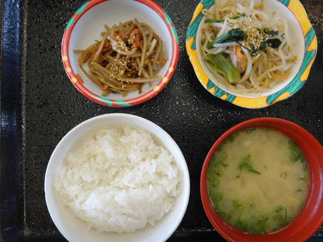 株式会社日食　道の駅　竜北　熊本県八代郡氷川町　農村レストラン　今日のお昼ごはん　ごはん　味噌汁　もやしのナムル　きんぴらごぼう