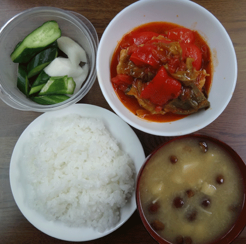 株式会社日食　今日のお昼ごはん　ごはん　味噌汁　チキンのトマト煮　自家製ヌカ漬け