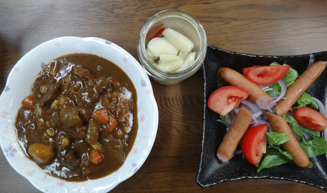 株式会社日食　今日のお昼ごはん　カレー　サラダ　自家製らっきょ