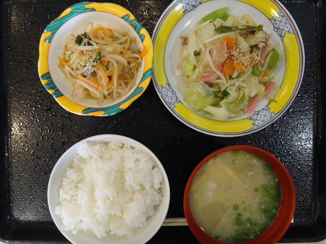 株式会社日食　今日のお昼ごはん　ごはん　味噌汁　野菜炒め　もやしのナムル　道の駅　竜北　熊本県八代郡氷川町　農村レストラン