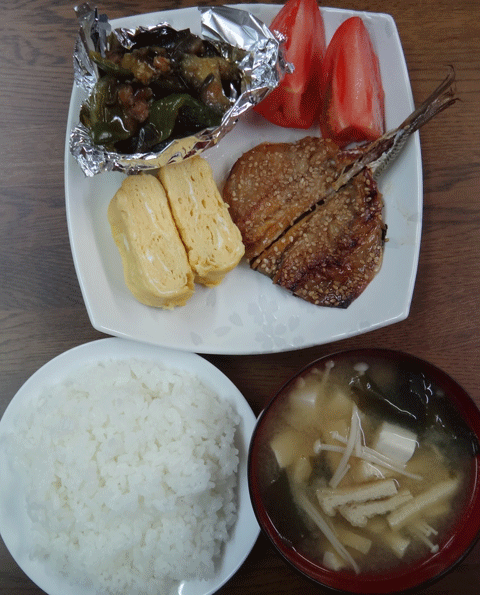 株式会社日食　今日のお昼ごはん　ごはん　味噌汁　アジのみりん干し　玉子焼き　茄子とピーマンの味噌炒め　トマト