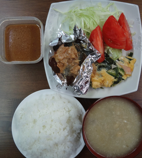 株式会社日食　今日のお昼ごはん　ごはん　味噌汁　サバの味噌煮　オムレツ　サラダ　自家製ドレッシング