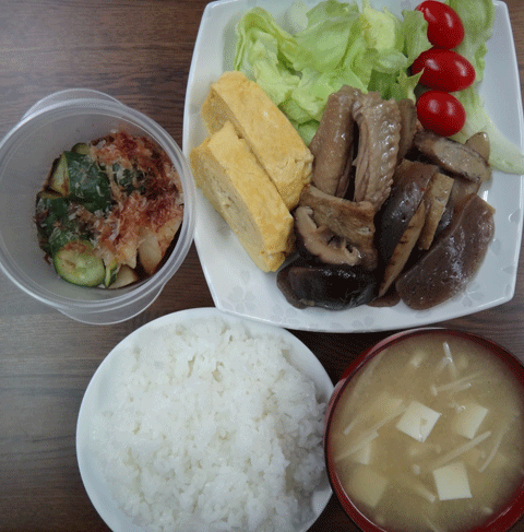 株式会社日食　今日のお昼ごはん　ごはん　味噌汁　手羽元の煮物　玉子焼き　サラダ　自家製ヌカ漬け