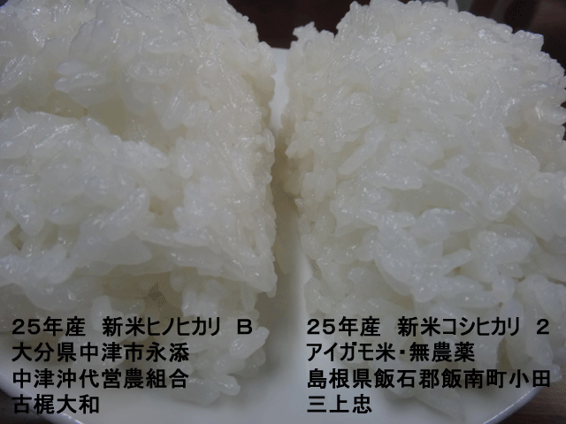 株式会社日食　今日のごはんの試食　産地特選米　２５年産　新米ヒノヒカリ　合鴨米　新米コシヒカリ