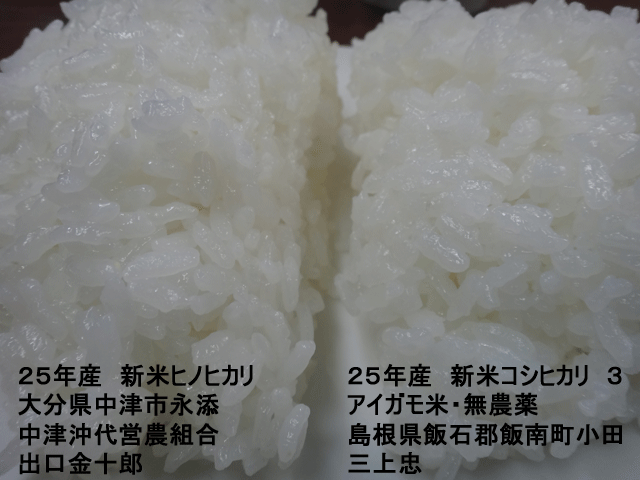 株式会社日食　今日のごはんの試食　産地特選米　２５年産　新米ヒノヒカリ　合鴨米　新米コシヒカリ