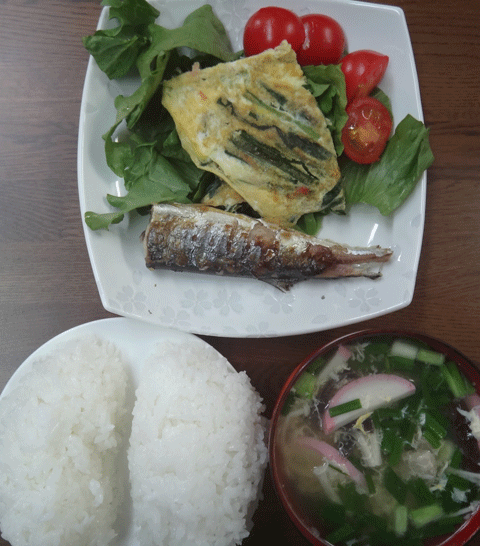 株式会社日食　今日のお昼ごはん　ごはん　煮豚スープ　焼さんま　オムレツ　トマト　サラダ