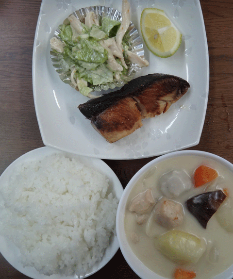 株式会社日食　今日のお昼ごはん　ごはん　シチュー　富山県氷見の塩ブリ　サラダ