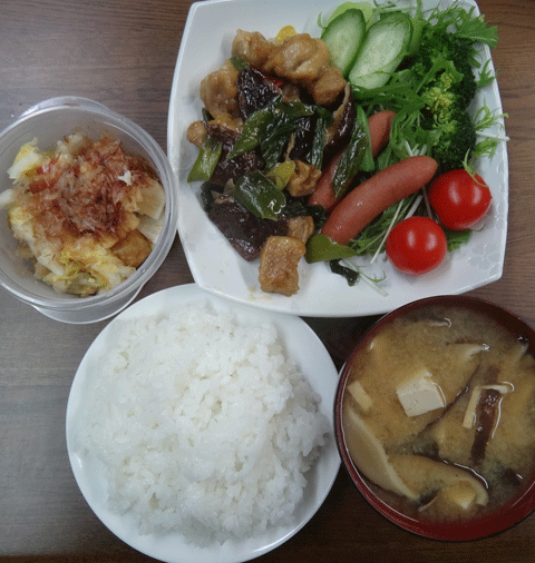 株式会社日食　今日のお昼ごはん　ごはん　味噌汁　鶏肉と岩津ねぎ・椎茸の炒め物　サラダ　自家製漬物　白菜