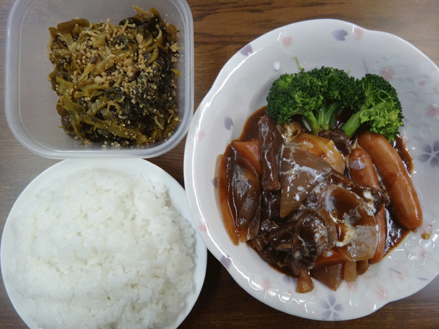 株式会社日食　今日のお昼ごはん　ごはん　ビーフシチュー　高菜炒め