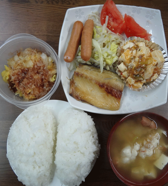 株式会社日食　今日のお昼ごはん　ごはん　ウチワエビの味噌汁　天草産サバの干物　麻婆豆腐　ウインナー　サラダ　自家製漬物　白菜