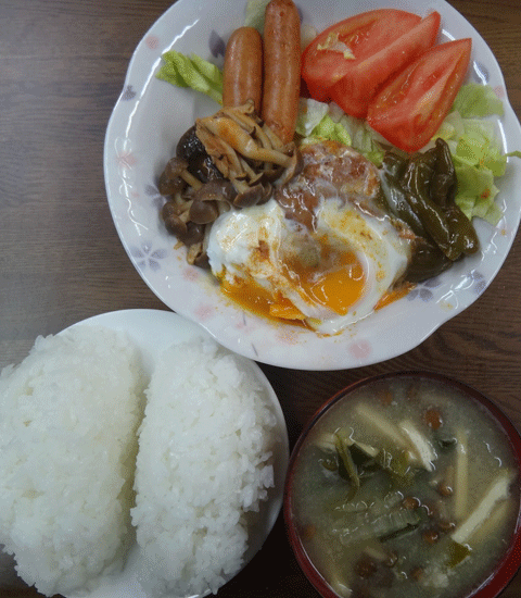 株式会社日食　今日のお昼ごはん　ごはん　味噌汁　手作り煮込みハンバーグ　サラダ