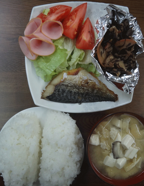 株式会社日食　今日のお昼ごはん　ごはん　味噌汁　天草産サバの干物　ひじきの煮物　サラダ