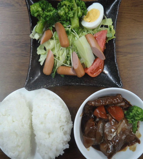 株式会社日食　今日のお昼ごはん　ごはん　ビーフシチュー　サラダ