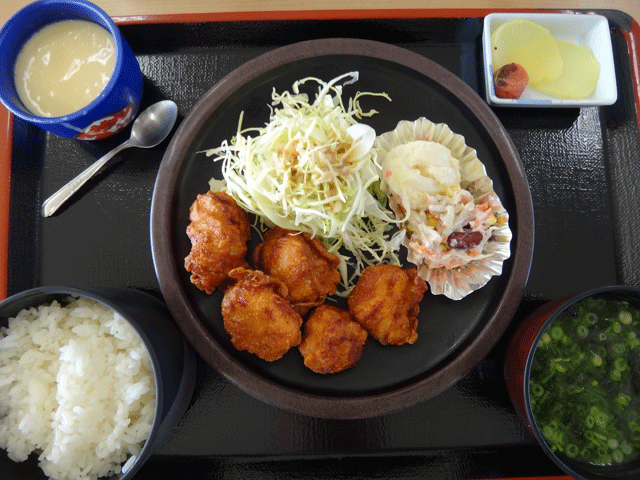 株式会社日食　今日のお昼ごはん　道の駅　はわい　鳥取県東伯郡湯梨浜町　国道９号線　山陰道　青谷羽合道路　唐揚げ定食　７５０円