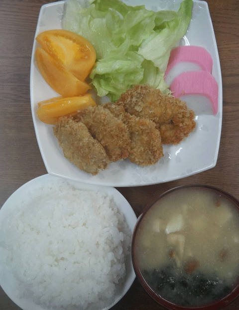 株式会社日食　今日のお昼ごはん　ごはん　味噌汁　ヒレカツ　サラダ