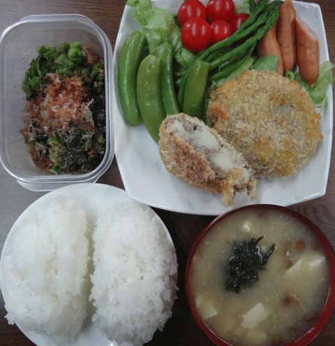 株式会社日食　今日のお昼ごはん　ごはん　味噌汁　手作りコロッケ　サラダ　高菜漬け