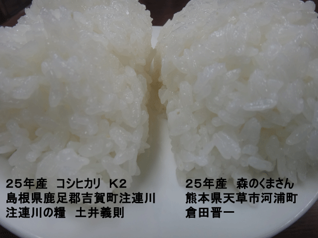 株式会社日食　今日のごはんの試食　２５年産　森のくまさん　コシヒカリ