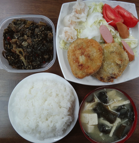 株式会社日食　今日のお昼ごはん　ごはん　味噌汁　手作りコロッケ　しゅうまい　ウインナー　トマト　キャベツ　高菜炒め