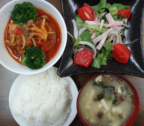 株式会社日食　今日のお昼ごはん　ごはん　味噌汁　煮込みハンバーグ　サラダ