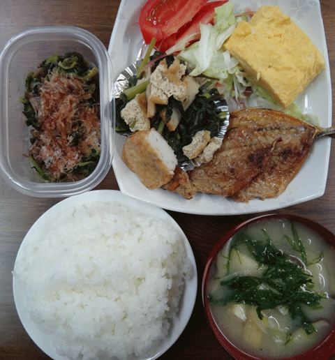 株式会社日食　今日のお昼ごはん　ごはん　味噌汁　アジのみりん干し　玉子焼き　小松菜と揚げの煮びたし　サラダ　大根葉の漬物