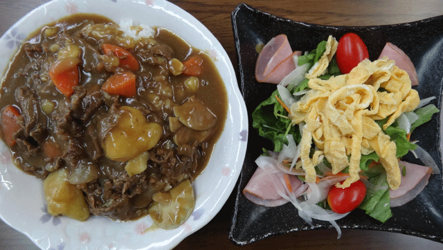 株式会社日食　今日のお昼ごはん　カレー　サラダ