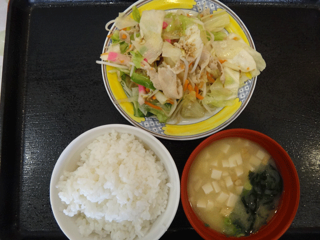 株式会社日食　今日のお昼ごはん　道の駅竜北　熊本県八代郡氷川町大野　農村レストラン　ごはん　味噌汁　野菜炒め