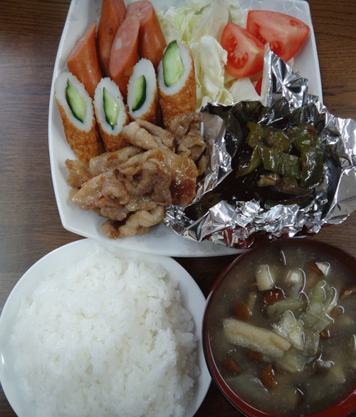 株式会社日食　今日のお昼ごはん　ごはん　味噌汁　豚の生姜焼き　麻婆茄子　ウインナー　ちくわきゅうり 　キャベツ　トマト