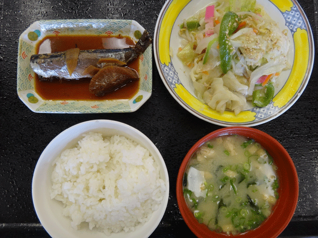 株式会社日食　今日のお昼ごはん　道の駅竜北　熊本県八代郡氷川町大野　農村レストラン　ごはん　味噌汁　野菜炒め　イワシの煮付け