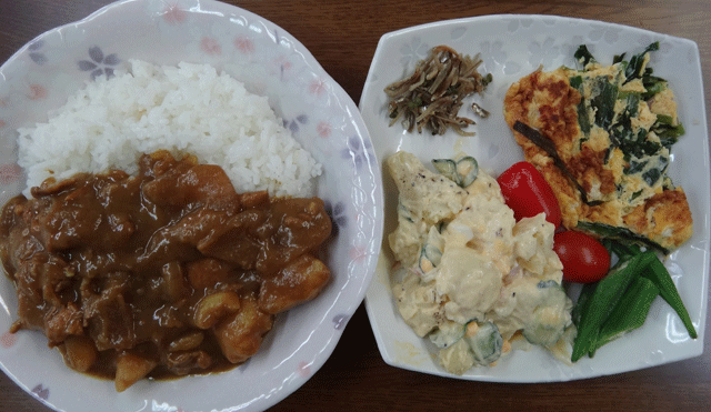 株式会社日食　今日のお昼ごはん　カレー　ポテトサラダ　オムレツ　ちりめん山椒　ミニトマト　オクラ