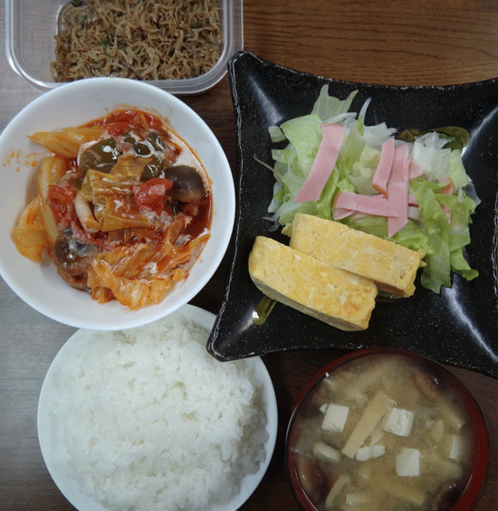 株式会社日食　今日のお昼ごはん　ごはん　味噌汁　煮込みハンバーグ　玉子焼き　サラダ　ちりめん山椒