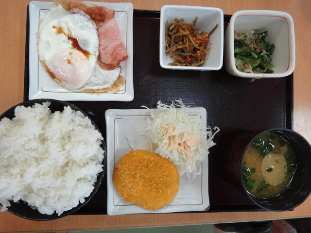 株式会社日食　今日のお昼ごはん　九州道　鞍手ＰＡ　下り線　福岡県鞍手郡鞍手町　こかげ亭　朝定食　４５０円