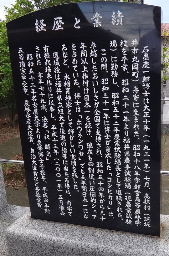 株式会社日食 福井県坂井市丸岡町舟寄 石墨慶一郎博士銅像 コシヒカリ生みの親