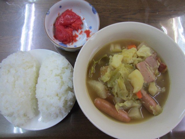 コメショウ　今日のお昼ごはん　ごはん　ポトフ　辛子明太子