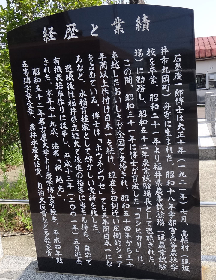 株式会社日食 福井県坂井市丸岡町舟寄 石墨慶一郎博士銅像 コシヒカリ生みの親